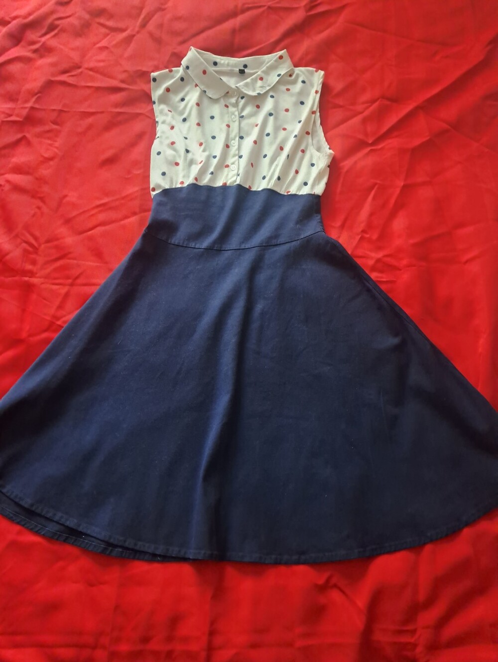 Navy A-Line Polka Dot Top Women's Skirted Dress